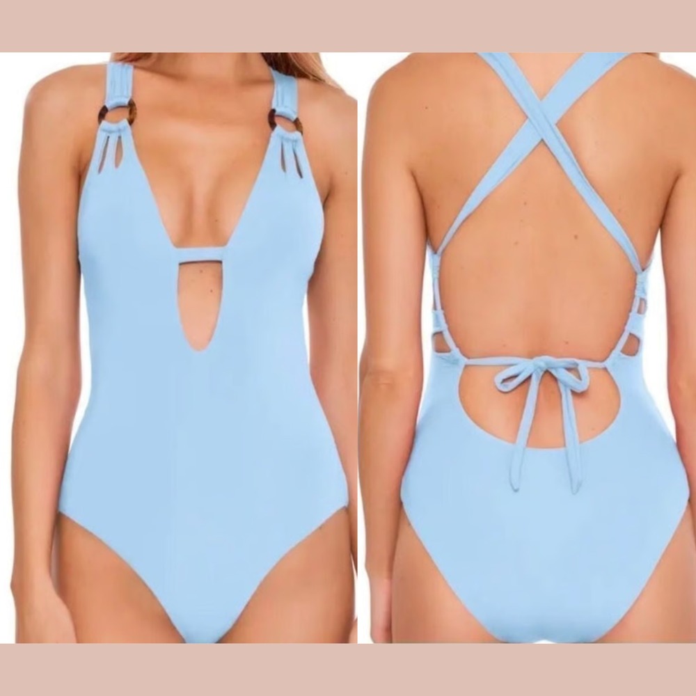 NEW Becca [ Large‎ ] Ring Color Code Plunge One Piece Swimsuit Powder Blue 7025